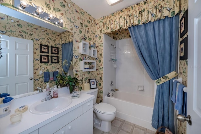 full bathroom with vanity, shower / bathtub combination with curtain, toilet, and tile flooring