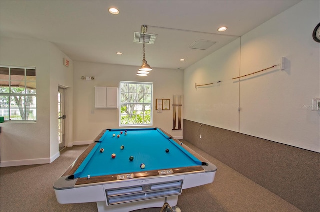 recreation room with carpet floors and billiards