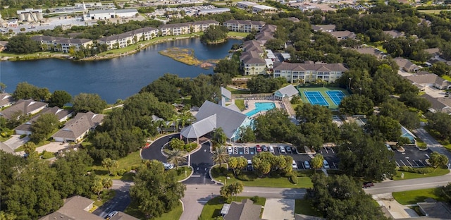 drone / aerial view with a water view