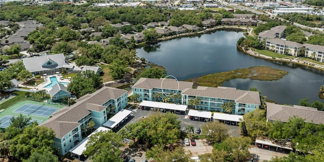 birds eye view of property featuring a water view