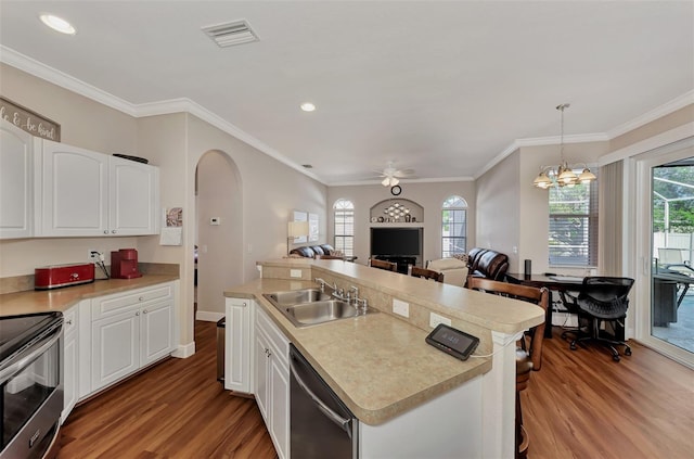 kitchen with wood-type flooring, a wealth of natural light, sink, and ceiling fan with notable chandelier