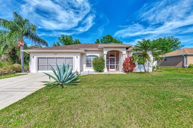 ranch-style home featuring a garage and a front yard