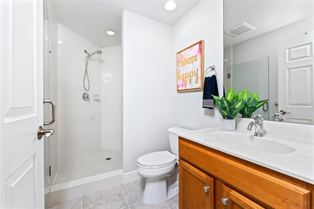 bathroom with walk in shower, tile patterned flooring, vanity, and toilet