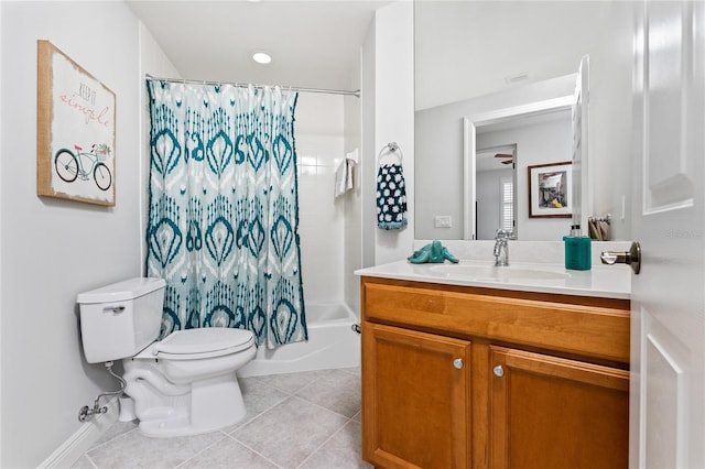 full bathroom featuring tile patterned floors, shower / bath combo, toilet, and vanity