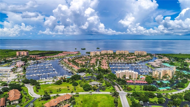 bird's eye view with a water view