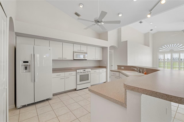 kitchen featuring white appliances, sink, kitchen peninsula, ceiling fan, and white cabinetry