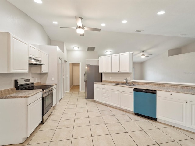 kitchen featuring ceiling fan, sink, stainless steel appliances, vaulted ceiling, and white cabinetry