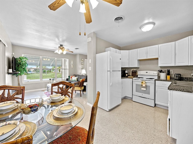 kitchen featuring ceiling fan, white appliances, white cabinetry, and sink