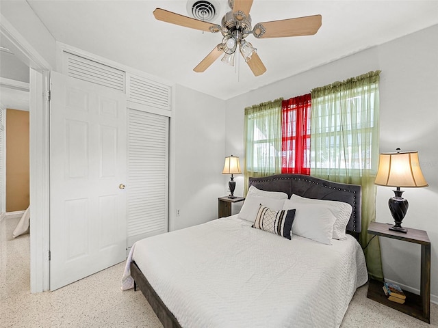 bedroom featuring a closet and ceiling fan