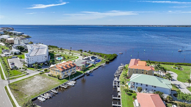 drone / aerial view featuring a water view