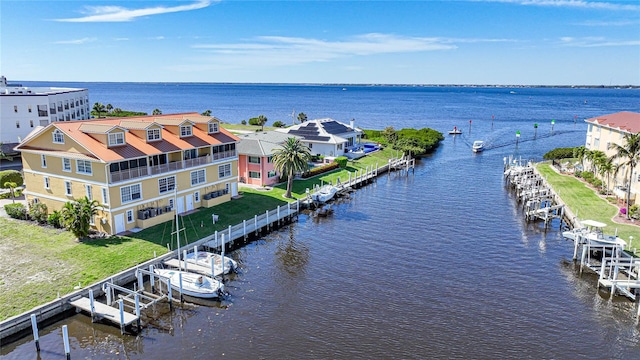 aerial view featuring a water view