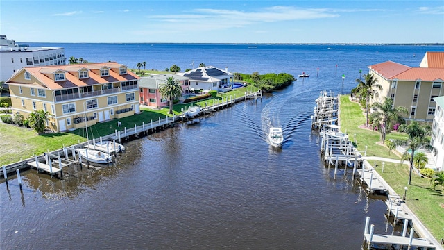 drone / aerial view featuring a water view