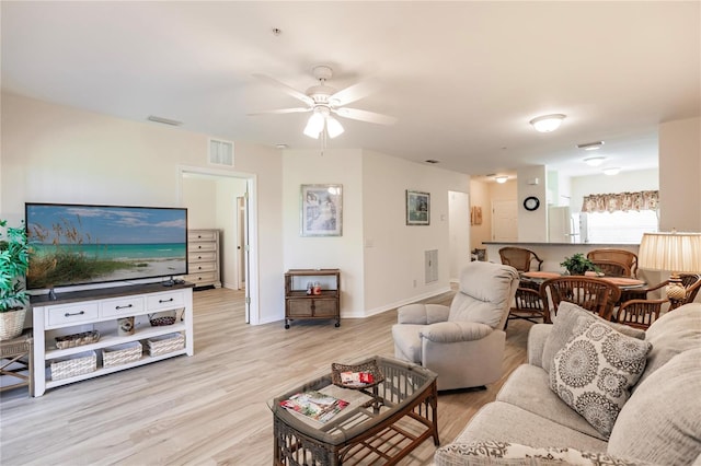 living room featuring ceiling fan and light wood-type flooring