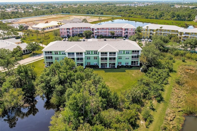 drone / aerial view with a water view