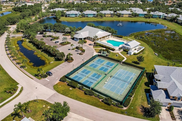 drone / aerial view with a water view