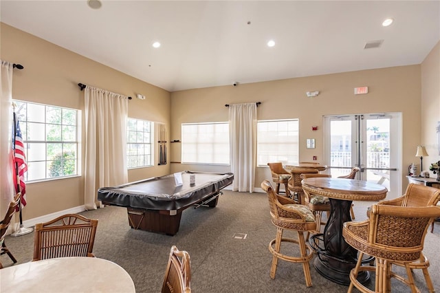 game room with carpet floors, pool table, and french doors