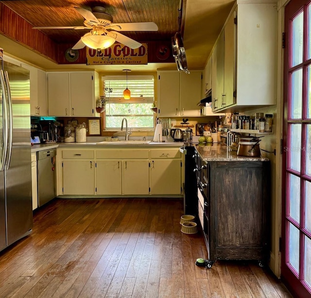 kitchen with dark hardwood / wood-style flooring, appliances with stainless steel finishes, hanging light fixtures, sink, and ceiling fan