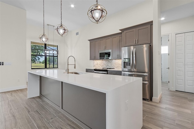 kitchen with appliances with stainless steel finishes, sink, pendant lighting, and a center island with sink