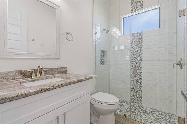 bathroom with an enclosed shower, vanity, and toilet