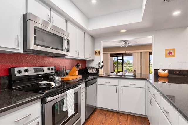 kitchen with ceiling fan, sink, dark stone counters, light hardwood / wood-style floors, and stainless steel appliances