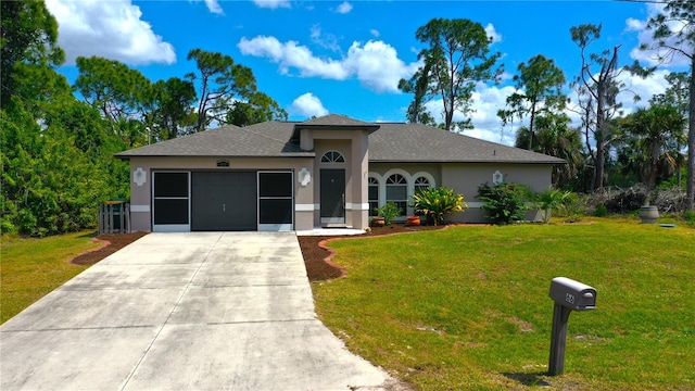 ranch-style house with a front lawn and a garage