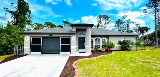 ranch-style house with a front yard and a garage