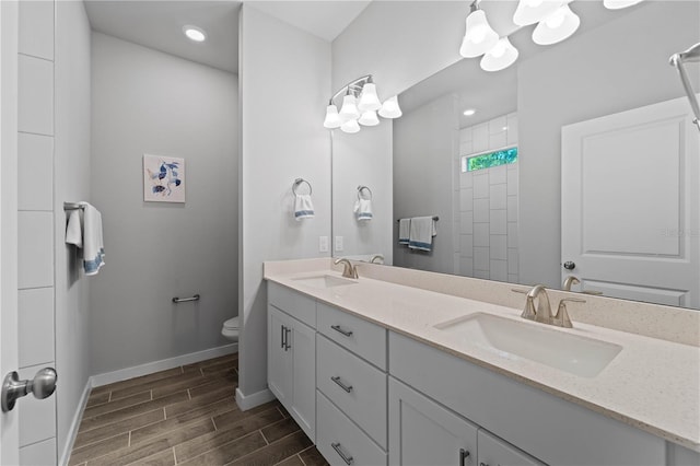 bathroom with a shower, vanity, and toilet