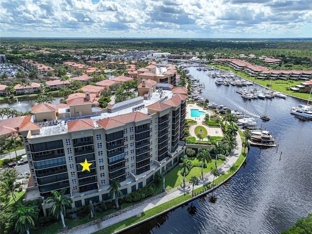 aerial view featuring a water view