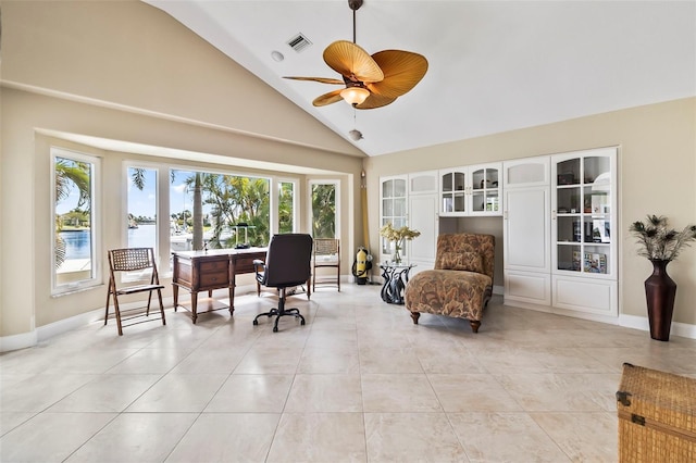 home office featuring high vaulted ceiling, ceiling fan, and light tile floors