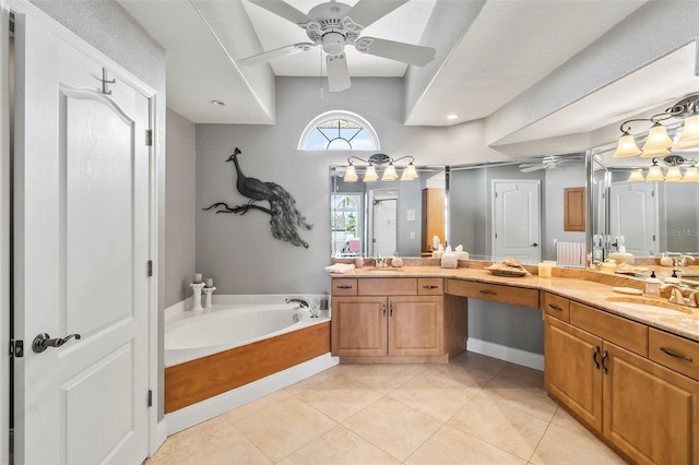 bathroom featuring tile flooring, ceiling fan, double sink vanity, and a bathtub