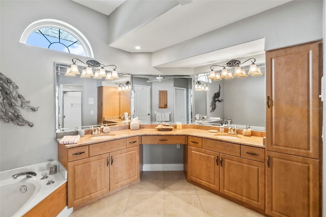 bathroom with double sink, ceiling fan, vanity with extensive cabinet space, a bath, and tile floors