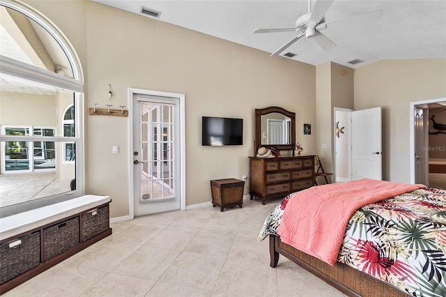 tiled bedroom featuring access to exterior, vaulted ceiling, and ceiling fan