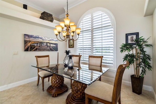 tiled dining room featuring a notable chandelier and crown molding