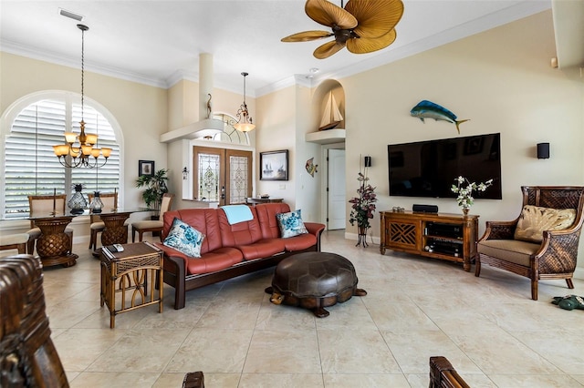 living room featuring light tile floors, a chandelier, crown molding, and french doors