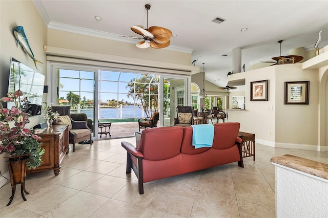 living room with light tile floors, crown molding, ceiling fan, and a water view