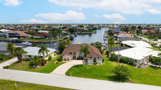 drone / aerial view featuring a water view