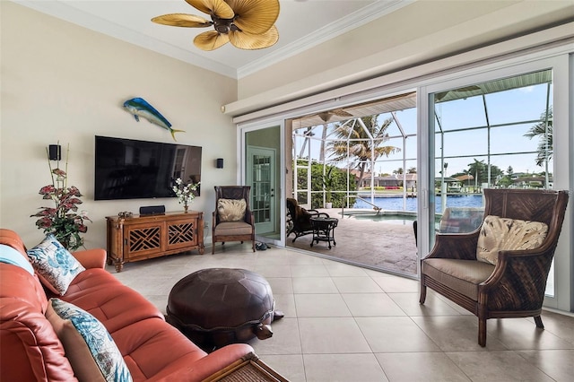 living room featuring light tile floors and crown molding