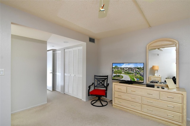 sitting room featuring light colored carpet and a textured ceiling