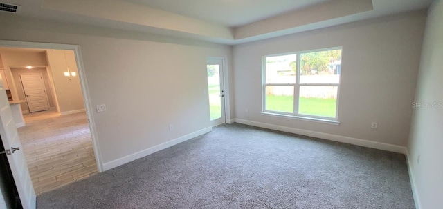 unfurnished room featuring a tray ceiling and light carpet