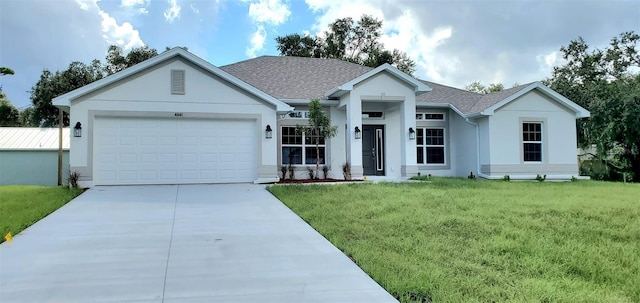 single story home with stucco siding, a shingled roof, concrete driveway, an attached garage, and a front lawn