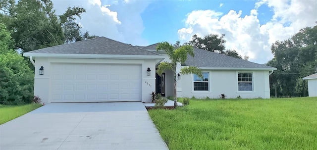 single story home with a garage, driveway, roof with shingles, stucco siding, and a front yard