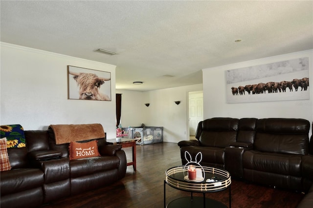 living room featuring a textured ceiling, dark wood-type flooring, and crown molding