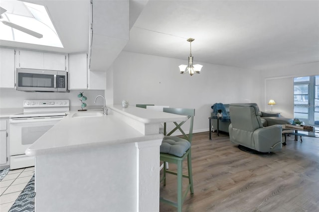 kitchen featuring white range with electric stovetop, kitchen peninsula, white cabinetry, and sink