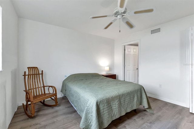 bedroom with ceiling fan and wood-type flooring