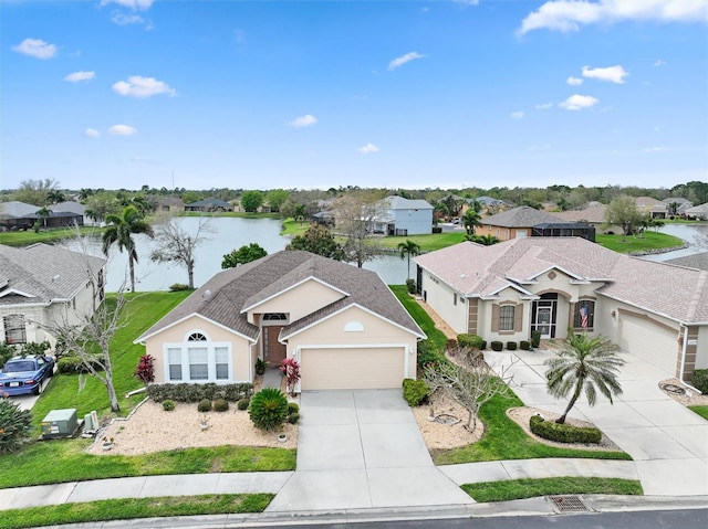 single story home with a water view and a garage