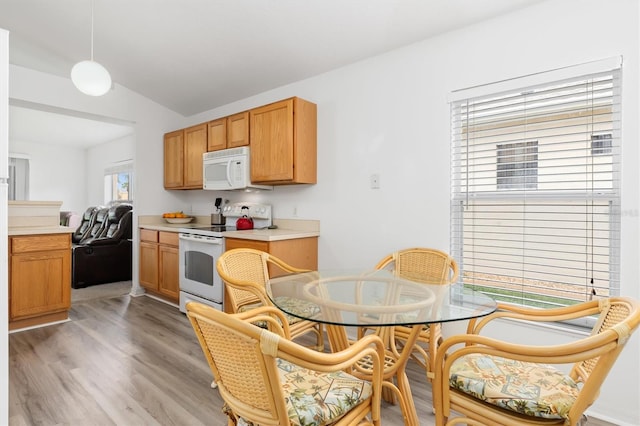 kitchen with a healthy amount of sunlight, decorative light fixtures, white appliances, and dark hardwood / wood-style flooring