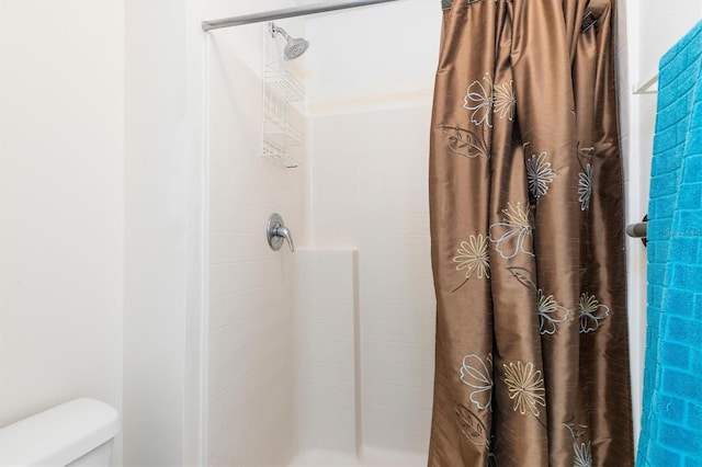 bathroom with toilet and a shower with shower curtain