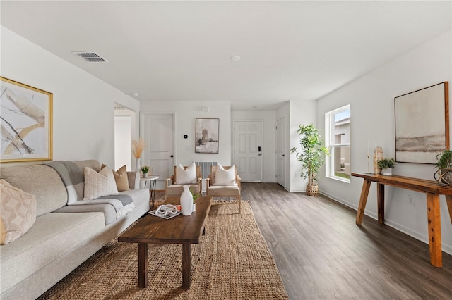 living room featuring dark wood-type flooring