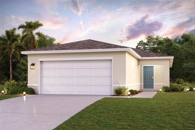 view of front of home with a yard and a garage