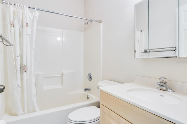 full bathroom with vanity with extensive cabinet space, toilet, and shower / bathtub combination with curtain